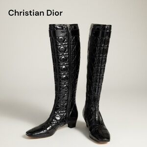 CHRISTIAN DIOR NEW TAGS BLACK PATENT LEATHER QUILTED KNEE HIGH BOOTS 36-6